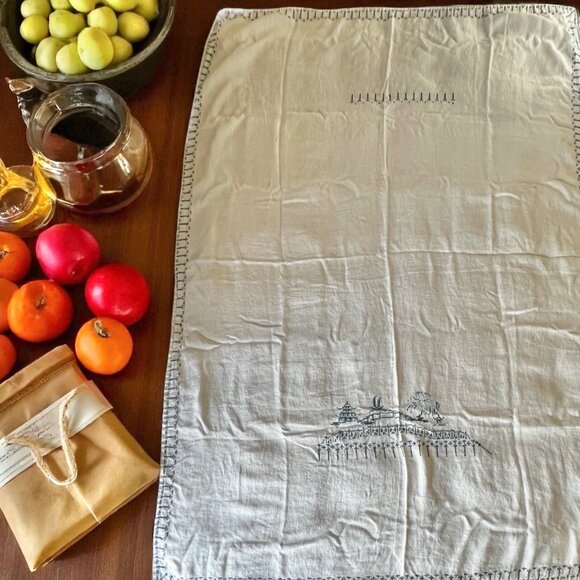 Handmade Other - Linen Tablecloth With Blue Willow Design Cross Stitch Cream & Blue 48.75x64 VTG